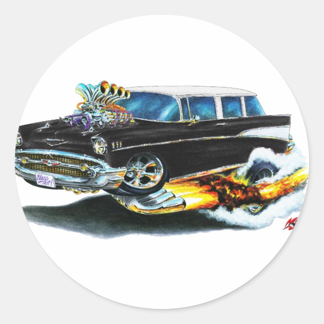 1957 Chevy Nomad Black Car Classic Round Sticker (Front)