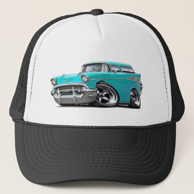 1957 Chevy Nomad Turquoise Hot Rod Trucker Hat (Front)