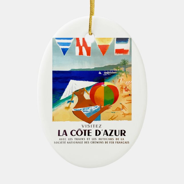 1957 Visitez La Cote D’Azur French Travel Poster Ceramic Tree Decoration (Front)