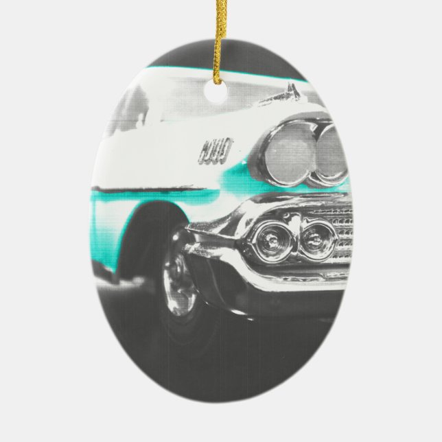 1958 chevy impala bright blue classic car ceramic tree decoration (Front)