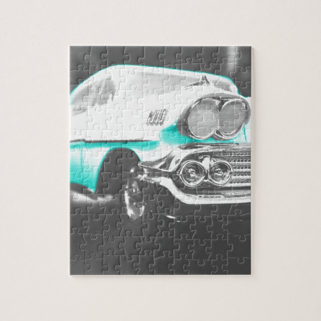 1958 chevy impala bright blue classic car jigsaw puzzle (Vertical)