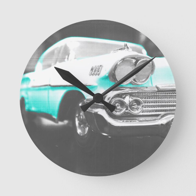 1958 chevy impala bright blue classic car round clock (Front)