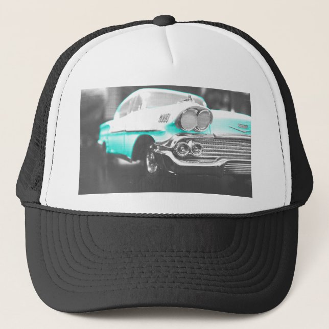 1958 chevy impala bright blue classic car trucker hat (Front)