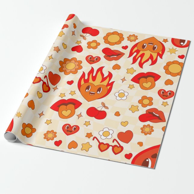 1960 groovy pop art valentines flames fire passion wrapping paper (Unrolled)