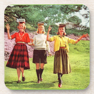 1960 teenage girls with books on their heads coaster