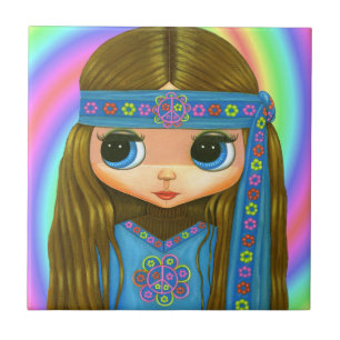 1960s, 1970s Big Eye Hippie Chick in Blue Tile