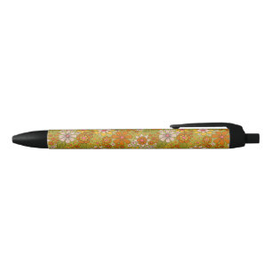1960s, 1970s Green & Orange Retro Floral Black Ink Pen