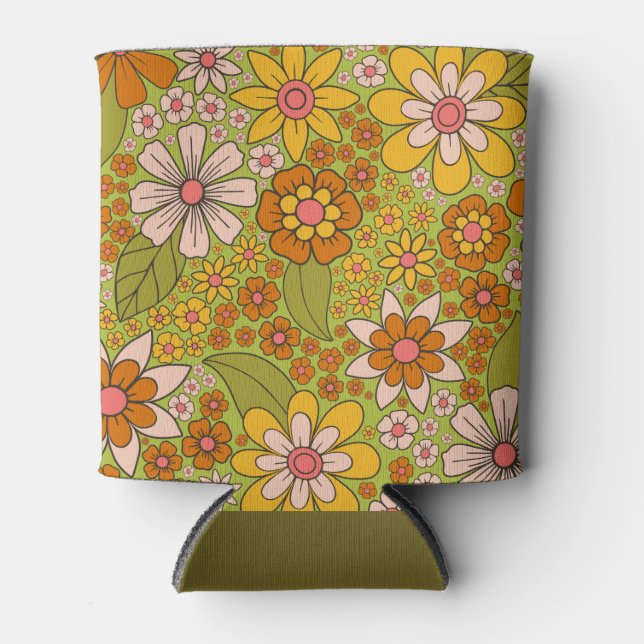 1960s, 1970s Green & Orange Retro Floral Can Cooler (Front)