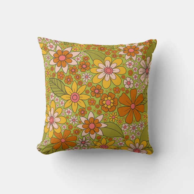 1960s, 1970s Green & Orange Retro Floral Cushion (Front)