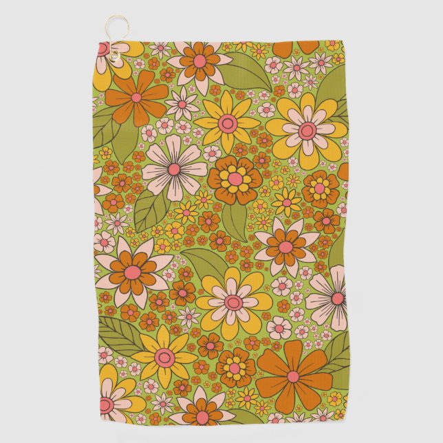 1960s, 1970s Green & Orange Retro Floral Golf Towel (Front)