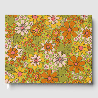 1960s, 1970s Green & Orange Retro Floral Guest Book