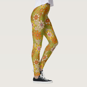 Groovy Flowers Yoga Leggings Women, 70s Retro Floral High Waisted