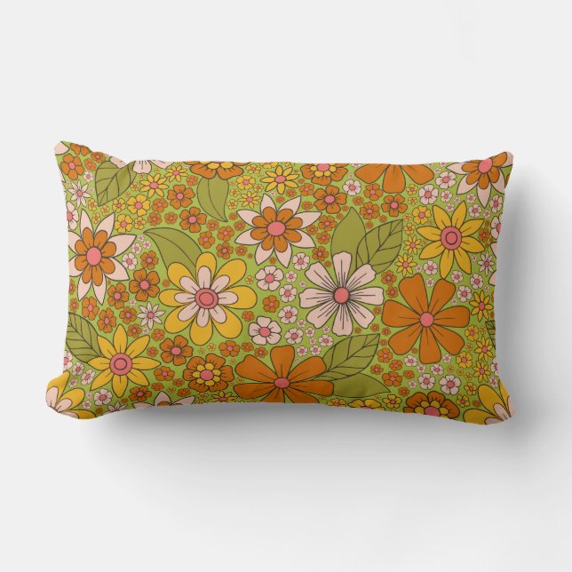 1960s, 1970s Green & Orange Retro Floral Lumbar Cushion (Front)