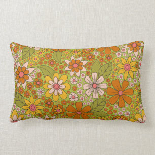1960s, 1970s Green & Orange Retro Floral Lumbar Cushion