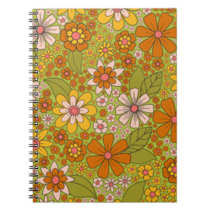 1960s, 1970s Green & Orange Retro Floral Notebook