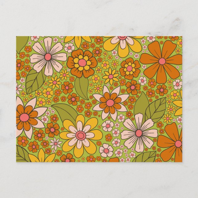 1960s, 1970s Green & Orange Retro Floral Postcard (Front)