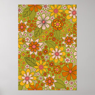 1960s, 1970s Green & Orange Retro Floral Poster