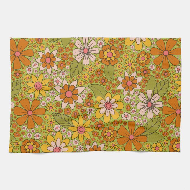 1960s, 1970s Green & Orange Retro Floral Tea Towel (Horizontal)