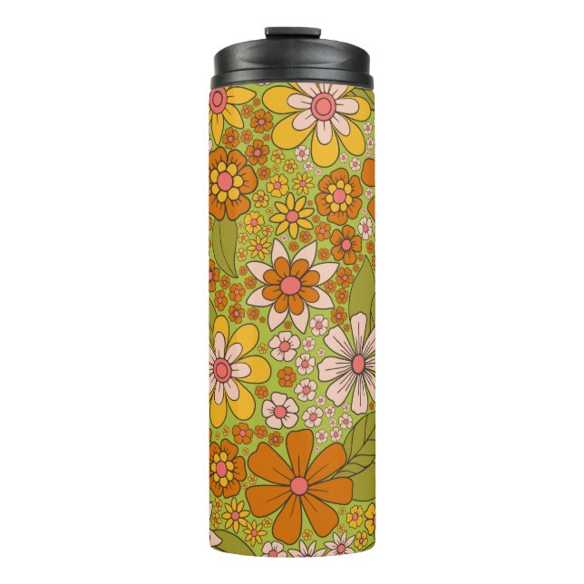 1960s, 1970s Green & Orange Retro Floral Thermal Tumbler (Front)