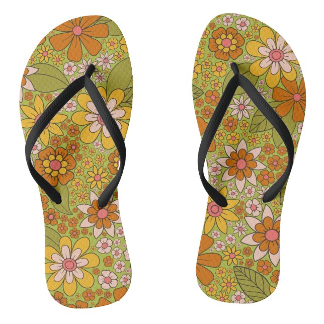 1960s, 1970s Green & Orange Retro Floral Thongs (Footbed)