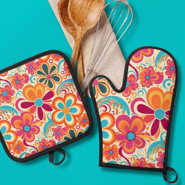 1960s 1970s Groovy Colourful Flower Power Oven Mitt & Pot Holder Set (Creator Uploaded)