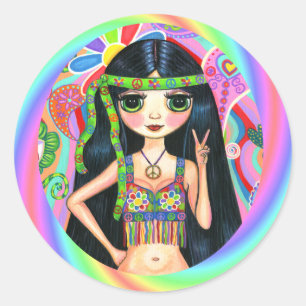 1960s, 1970s Peace Sign Rainbow Hippie Chick Classic Round Sticker