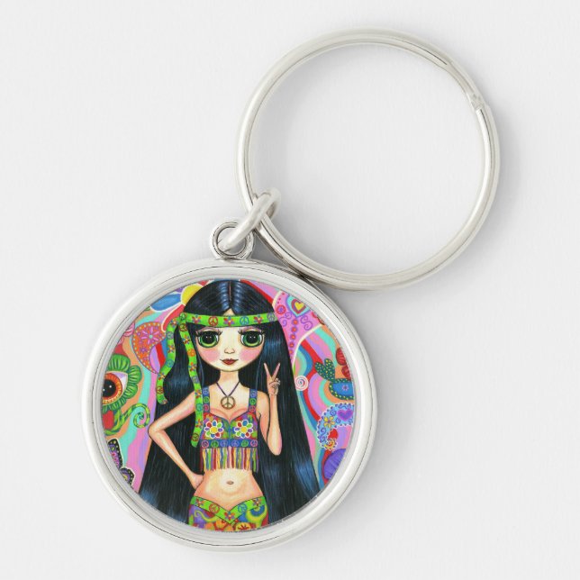 1960s, 1970s Psychedelic Hippie Chick Peace Sign Key Ring (Front)