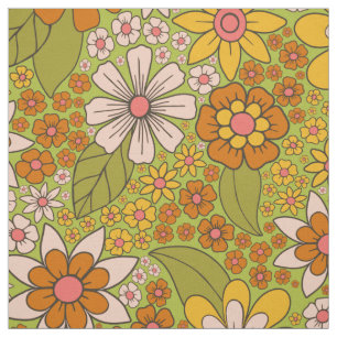1960s, 1970s Retro Floral Fabric in Green & Orange