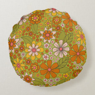 1960s, 1970s Retro Floral in Green, Pink & Orange Round Cushion