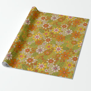 1960s, 1970s Retro Floral in Green, Pink & Orange Wrapping Paper