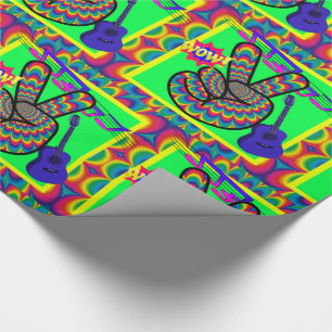1960's 1970'S Retro Peace Sign Guitar Neon Colours Wrapping Paper