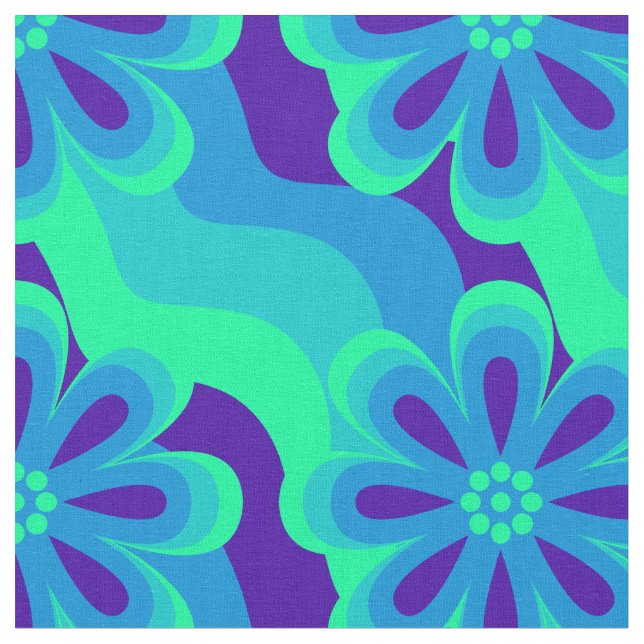 1960s 1970s Style Flowers & Waves Pattern Fabric (Close Up)