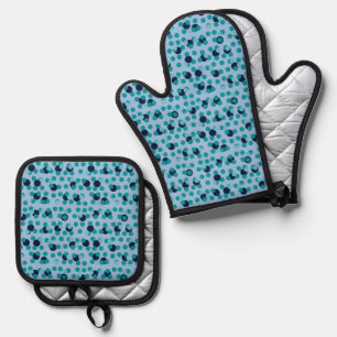 1960s-70s Pop Geometric Mid-Century Teal Bubbles Oven Mitt & Pot Holder Set
