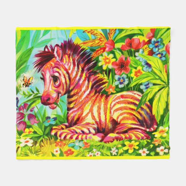 1960s colourful zebra print fleece blanket (Front (Horizontal))