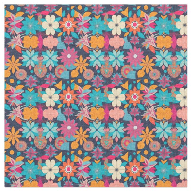 1960s Floral with Geometric Shapes Fabric (Close Up)