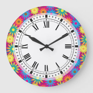 1960s Flower Power Colourful Floral Modern Pattern Large Clock