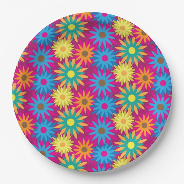 1960s Flower Power Colourful Floral Modern Pattern Paper Plate (Front)