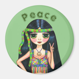 1960s Hippie Chick Girl Doll Peace Sign Cute Magnet
