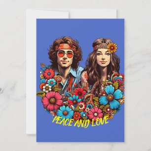 1960s Hippie Couple flower child Peace & Love art Invitation