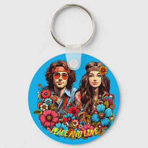 1960s Hippie Couple flower child Peace & Love art Key Ring