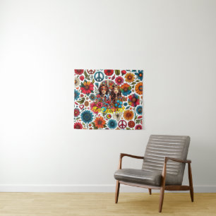 1960s Hippie Couple flower child Peace & Love art  Tapestry