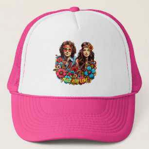 1960s Hippie Couple flower child Peace & Love art Trucker Hat
