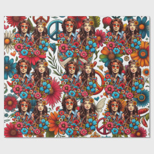 1960s Hippie Couple flower child Peace & Love art  Wrapping Paper