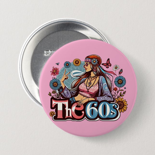 1960s Hippie girl chick peace sign fingers art 7.5 Cm Round Badge (Front & Back)