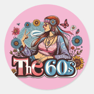 1960s Hippie girl chick peace sign fingers art Classic Round Sticker