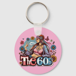 1960s Hippie girl chick peace sign fingers art Key Ring