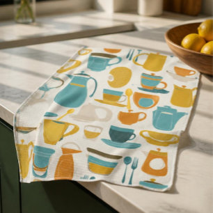 1960's Mid Century Modern teal, orange, yellow Tea Towel