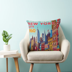1960s New York Poster   Bold Red & Yellow" Cushion