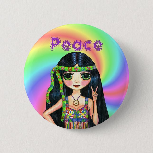 1960s Peace Sign Hippie Girl with Headband 6 Cm Round Badge (Front)