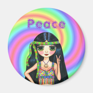 1960s Peace Sign Hippie Girl with Headband Magnet